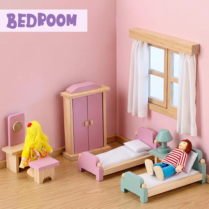Sumind 35 Pcs Wooden Dollhouse Furniture Set with 8 Family Figures, 1:12 Scale Miniature Dolls House Accessories for Kitchen, Bedroom & Bathroom, Montessori Educational Toy Gift for Girls and Boys