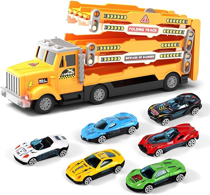 HONGTUO Race Track Truck Toy for Kids – Foldable 3-Layer Car Track Playset with 6 Vehicles, Light & Sound Transport Truck, Christmas & Birthday Gift for Boys and Girls Ages 3-6