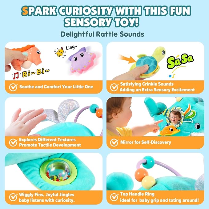 FREYBLI Baby Toys 6-12 Months - Soft Ocean Adventure Toy with Rattle, Crinkle Paper, Squeaker, Mirror - 6 Month Old Baby Toys Boy Girl Gifts, Baby Sensory Montessori Toys for 6 Month Old Infant Toys