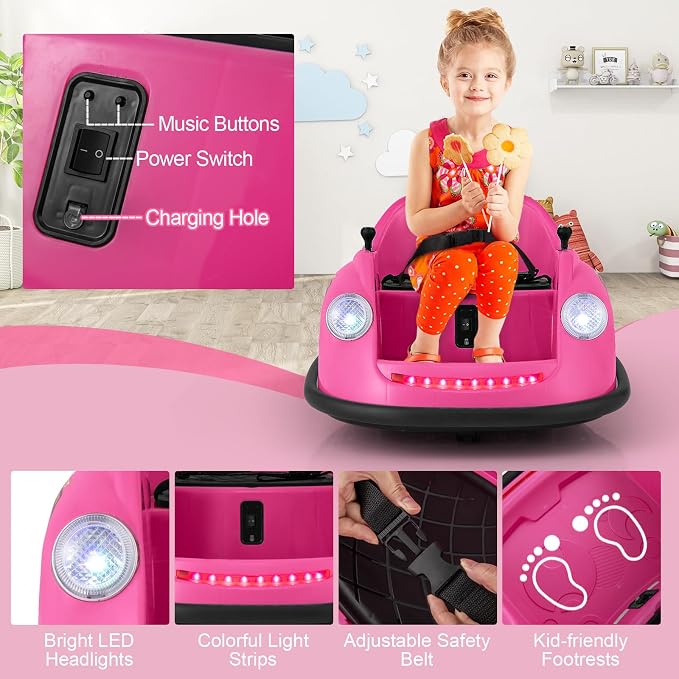 Costzon Bumper Car for Toddler, 12V Electric Kids Ride on Bumper Car with Remote Control, 360 Degree Spin, LED Lights, Music, Battery Powered Baby Bumping Toy Gift for Toddlers 2-5 Years Old (Pink)