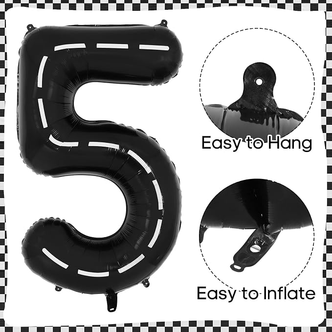Race Car 5 Balloons, 40 Inch Racetrack Number 5 Balloon, Large Foil Mylar Racetrack Black 5 Balloon for 5 Year Old Birthday Race Car Themed Party Decoration