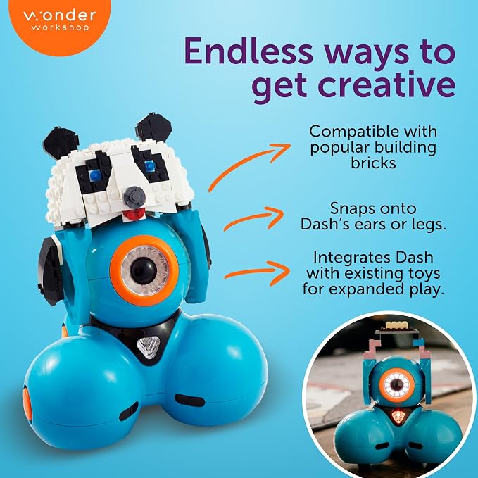 Wonder Workshop Dash Robot Wonder Pack – Coding Educational Bundle for Kids 6+ – Free STEM Apps with Instructional Videos - Launcher Toy, Sketch Kit Drawing, Gripper Building