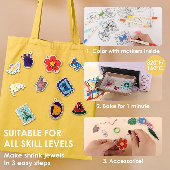 Grabie DIY Shrink Art Craft Kit Jewelry Making Kit for Kids Adults, 25+ Pre-Cut Shapes, 5 Dual-Tip Markers, Custom Charms, Pins, Rings, Keychains (Paws & Wings - Creative Freedom)