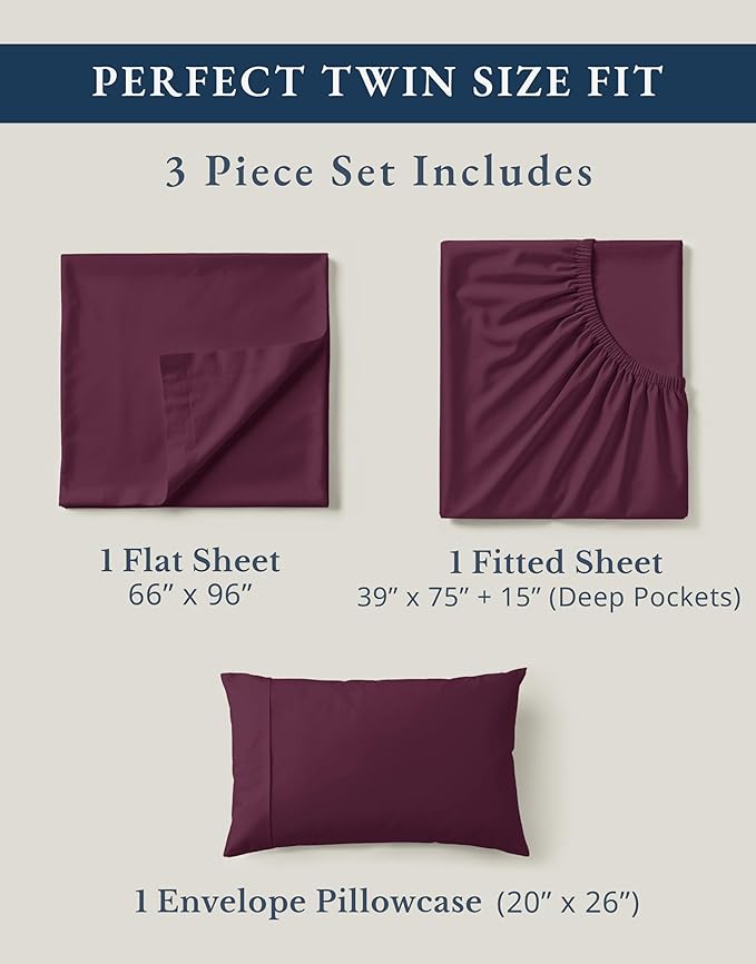 LANE LINEN Twin Sheets 100% Organic Cotton Soft 3pc Percale - Windsor Wine