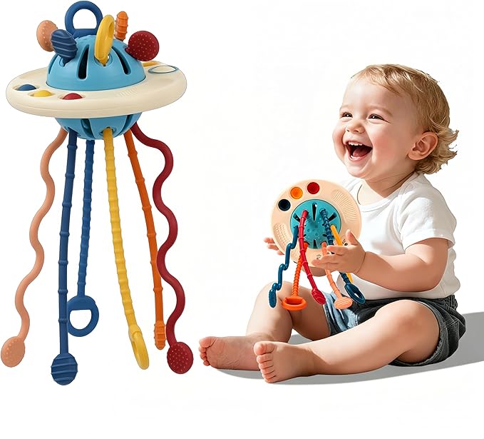 Montessori Baby Toys for 12M+, UFO Sensory Play Set for Toddlers, Pull String Pull String Toy in Stollers Developmental Toys for Fine Motor Skills Gift for Boys& Girls