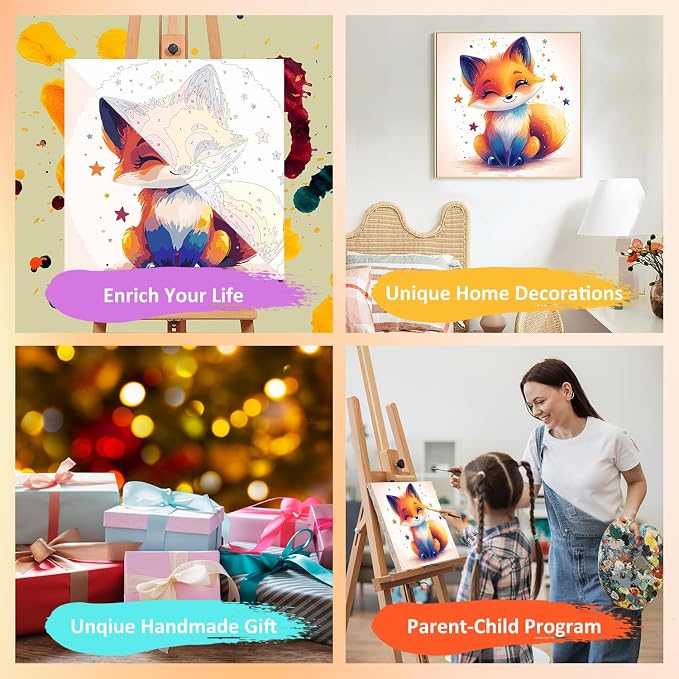 Paint by Numbers Kit for Kids with Frame, Fox Paint by Numbers for Kids Ages 4-8-12, DIY Fox Acrylic Oil Painting for Home Wall Art Decor Gift 7.8x7.8 inch (with Frame Easel)