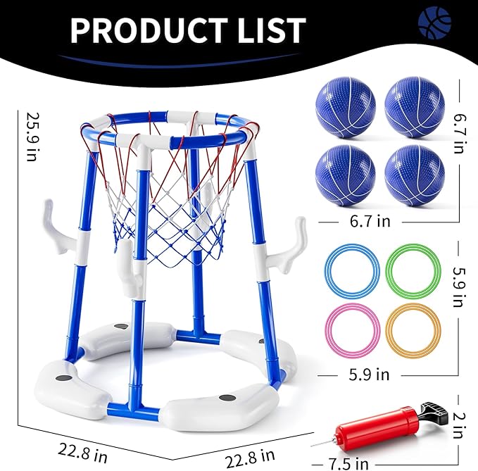 2-in-1 Pool Basketball Hoop & Ring Games with 4 Balls 12 Rings and Pump, Summer Water Outdoor Party Swimming Pool Toys Games for Kids Ages 4-8 8-12 Adult, Family Water Party Birthday Games Toys