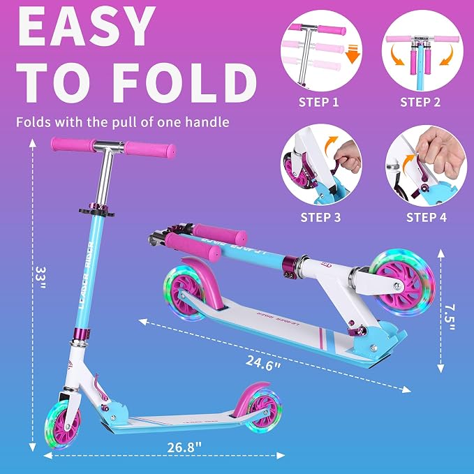 Kick Scooter - Collapsible Portable Kids Push Scooter - Lightweight Folding Design with High Visibility RGB Light Up LEDs on Wheels