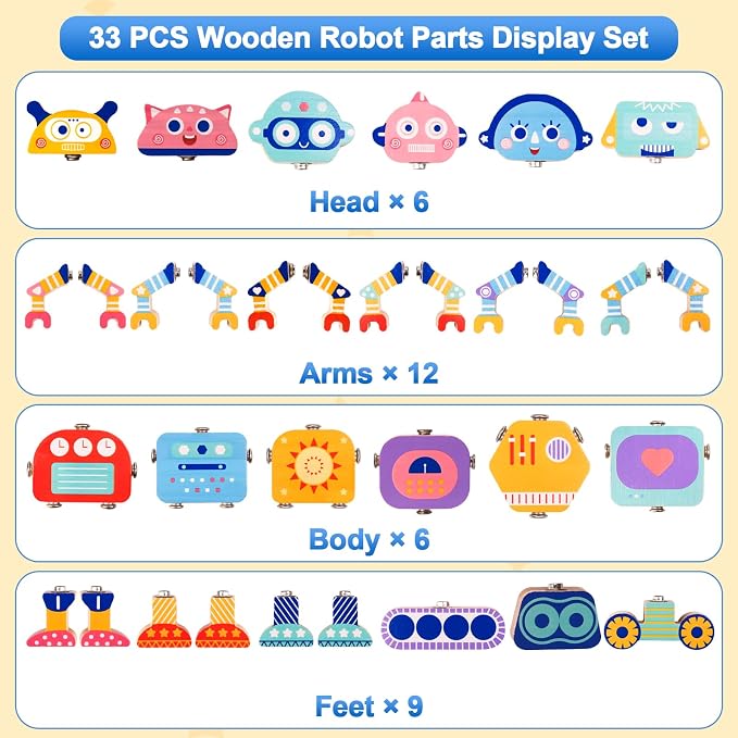 Wooden Snap-Together Robot Building Block Set, Montessori STEM Take-Apart Toy, 33-Piece Fine Motor Skills Learning Toy with Poseable Limbs for Different Robot Poses,for Kids Ages 3-6 with Storage Bag