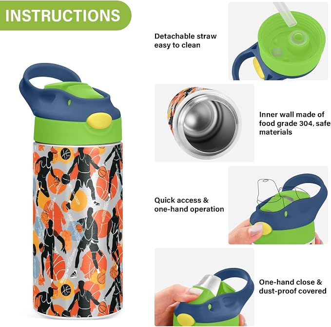 Basketball Game Player Sports Kids Water Bottle with Straw Lid Balck Ball Insulated Stainless Steel Reusable Tumbler for Boys Girls Toddlers 12 oz Green