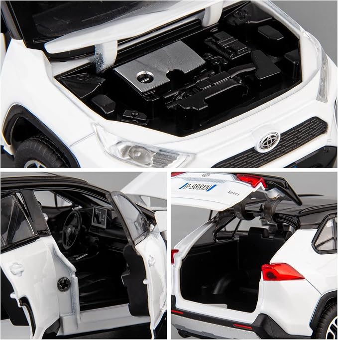 WAKAKAC Model Car 1/32 RAV4 Alloy Diecast Collectible Toy Car with Light and Sound Toy Vehicle Door Can Be Opened for Boys Kids Toddler Gift (White)