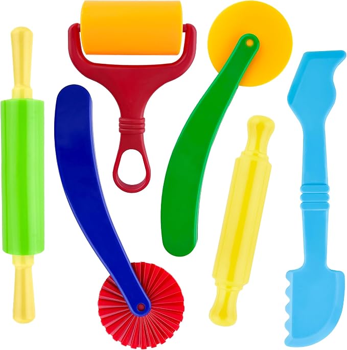 Clay and Dough Tools 6 Pieces Basic Dough Tool Set for Kids, Variety of Rolling Pins, Rollers, Cutters