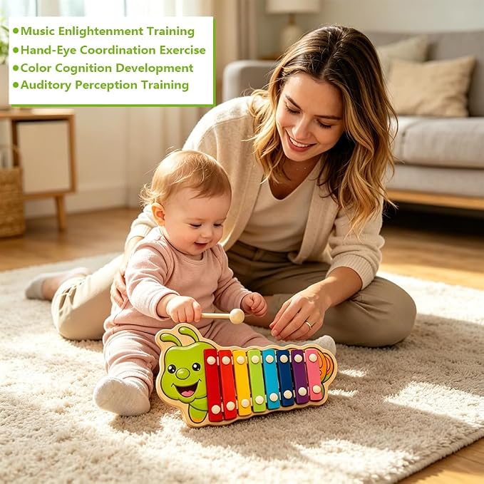 Xylophone for Toddlers, Animal Shape Wooden Baby Xylophone with 8 Scales and 2 Mallets,Colorful Kids Musical Instrument Educational Montessori Toys (Crocodile)
