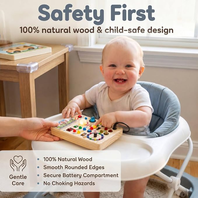 RichBoy Montessori Toy Busy Board for 1-3 Year Old Toddlers, 37-in-1 Sensory Toy with 24 LED Lights, Educational Travel Toy for Airplane Car Rides, First Birthday for Boys Girls (School 6.7" X 5.3")