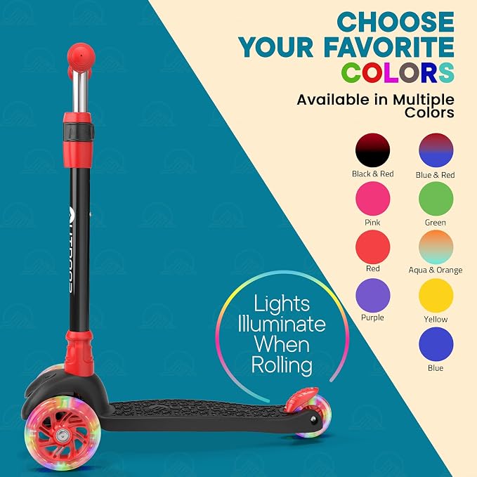 Outdoor Cruiser 3-Wheel Kids Scooter – with Lean-to-Steer Technology, Led Lighted Wheel, 4-Level Adjustable Height T-bar Handle, Support Kids Up to 150 Lbs, for Boys & Girls Ages 3-8, Black and Red