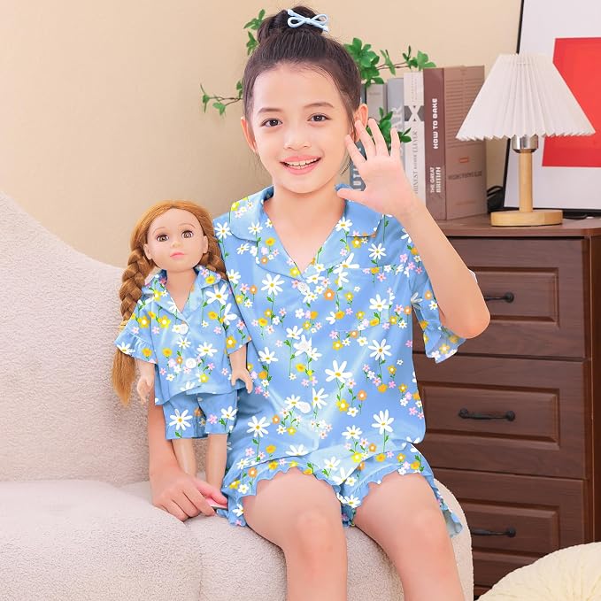 ICOSY Matching Doll & Girls Silk Pajamas Satin Pjs for Girls Button-Down Top and Shorts for 18" Doll Girl Clothes