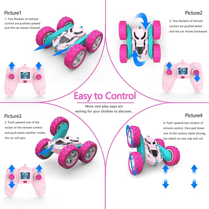 Hamdol Pink Remote Control Car for Girls, 360° Flipping Stunt Car with LED Headlights, Rechargeable 4WD Electric Toy Vehicle, Princess Gift for 6 7 8 9 10 11 Year Old Girls, Birthday & Christmas Toy