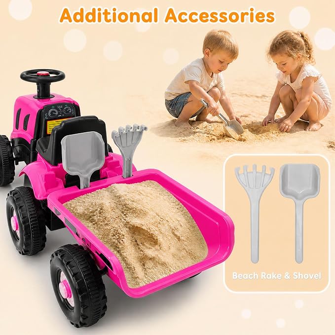 Kids Ride on Tractor, 2 in 1 Foot to Floor Push Car w/Detachable Trailer, Horn, Rake & Shovel, No Power Sliding Toy Gift for Toddlers, Outdoor Ride on Construction Vehicle (Pink)