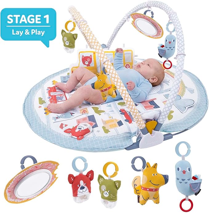 Yookidoo Baby Gym Urban- Lay to Sit-Up Play Mat, 3-in-1 Infant Activity Center with Tummy Time Pillow, Rattle Shoes & Plush Toys for Newborns, 0-12 Months