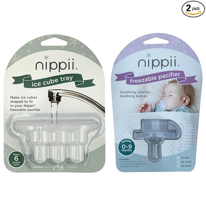 Nippii Freezable Pacifier & Ice Cube Tray, Baby Teether Toys 0-9 Months | Hands-Free, Medical-Grade Silicone, Water-Fillable, Cold. Includes Ice Cube Tray. Made in USA, CPSC Compliant, BPA Free