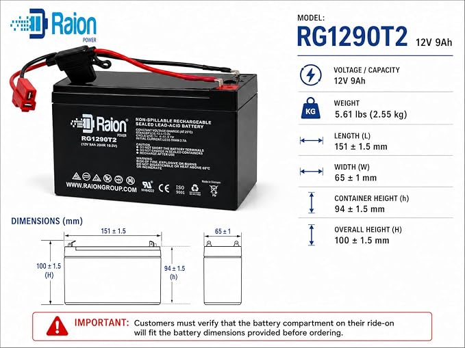 Raion Power 12V 9Ah Ride-On Toy Battery, Red 2-Pin Connector – Extended Range SLA AGM Replacement for Kids Electric Cars, Ride-On Trucks, Jeeps, ATVs & Rollplay Nighthawk