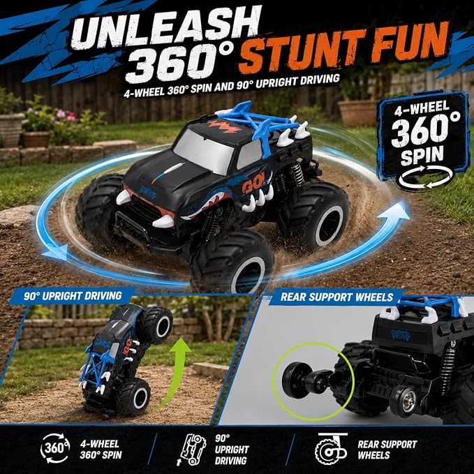 JoyRapt 1:16 Amphibious Monster Truck Toys, 2.4GHz Waterproof Remote Control Car, 4WD RC Truck Cars with 360 Degree Spins, All Terrain Rechargeable Off-Road RC Pickup Gifts for Boys Girls Ages 6-12