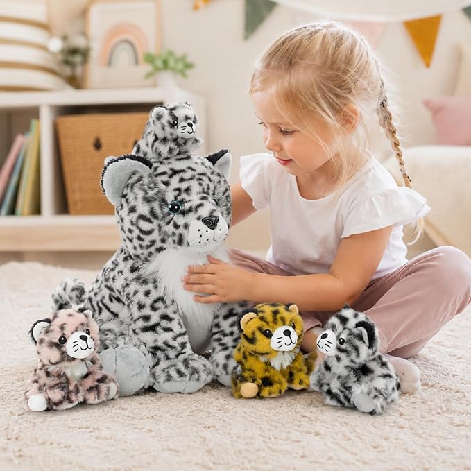MorisMos Snow Leopard Stuffed Animal with Babies, 5-in-1 Plush Family, 14" Mommy Snow Leopard with 4 Baby Cubs, Soft Cuddly Big Cat Plush Toys Gifts for Kids Birthday Jungle Baby Shower Nursery Decor