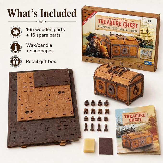 WOODEN.CITY Treasure Chest Puzzle Box for Adults – 3D Wooden Puzzles Mystery Box Brain Teaser & Escape Room Game with Secret Opening (165 Pieces, Gift Idea)