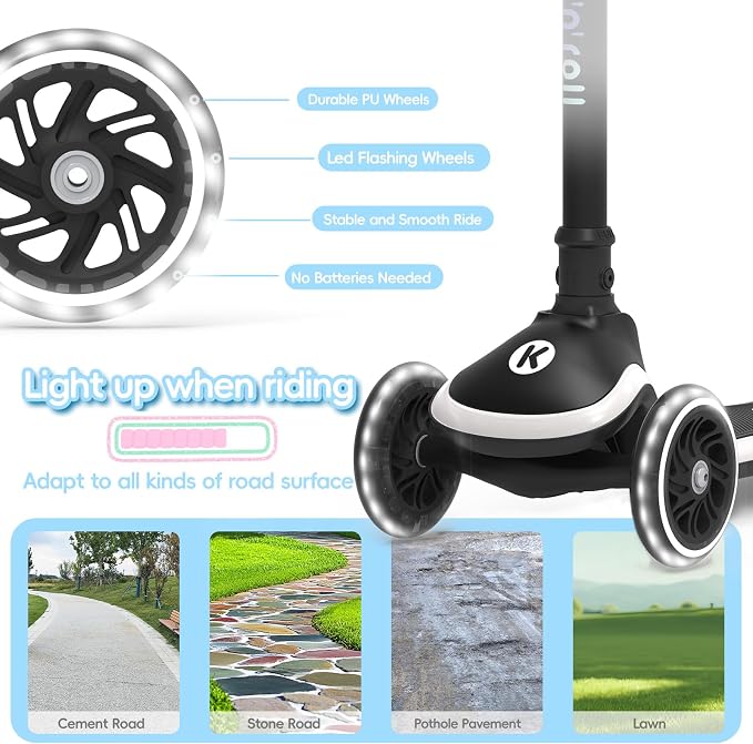 Kicknroll Toddler Scooter 3 Wheel Kids Kick Scooters with Dynamic Light-Up Non-Slip Deck & LED Wheels, 4 Adjustable Height, Foldable, Lean-to-Steer Design for Girls Boys Ages 3-8 Max 110 Lbs