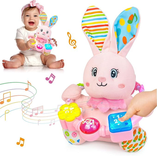 Ryotagift Baby Bilingual Musical Rabbit Stuffed Animals Toys,Infant Early Learning Toy with Light-Up Music & Crinkle,Tummy Time Toys for 0 3 6 9 12+ Months for Baby Boy Girl Easter Gift,Pink