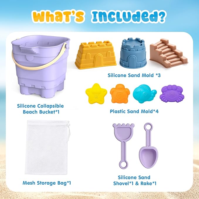 AuntyFey 11Pcs Silicone Beach Toys, Baby Beach Sand Toys, Sand Sandbox Toys for Toddlers 1-3, Collapsible Sand Buckets for Kids with 4 Plastic Sand Mold, 3 Silicone Castle Sand Mold and Mesh Bag