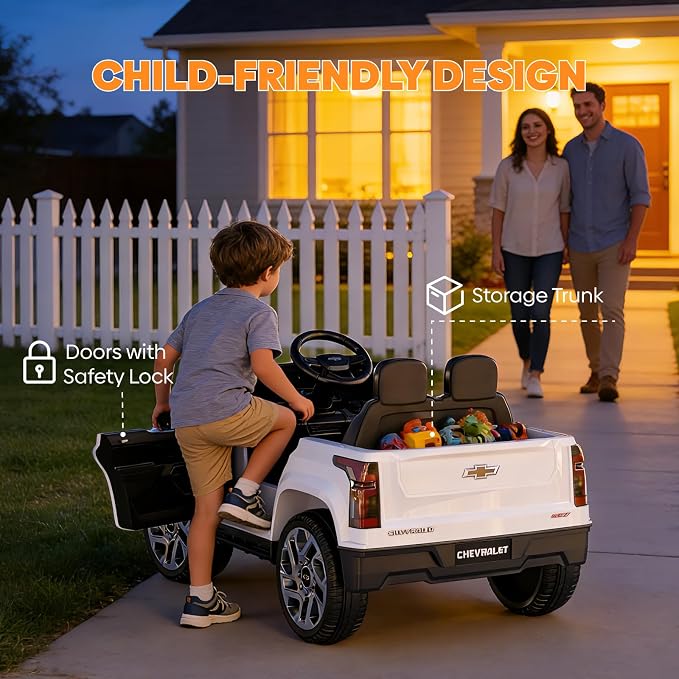 24V Licensed Chevrolet Silverado EV Electric Car for Kids, Ride on Toys for Toddlers with Remote Control, Soft Start, Wide Seat, 3 Speed, LED Lights, Music Player, Birthday Gift, White