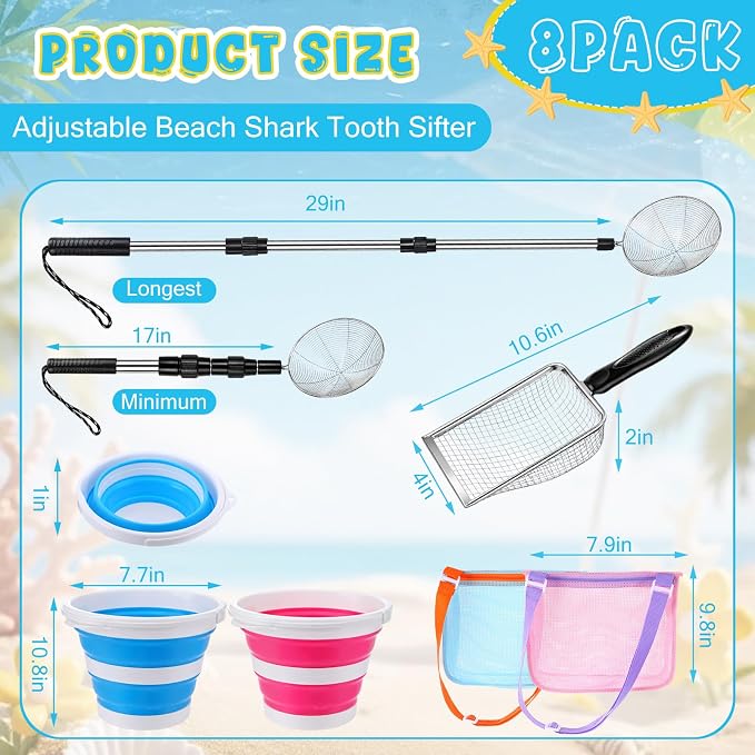 Silipull 8 Pcs Beach Toys Shell Collecting Set Sand Toys Include 2 Beach Mesh Bag 2 Sand Sifter 2 Mesh Shovel Scoop 2 Foldable Bucket Shark Tooth Sifter for Kids Vacation Essentials