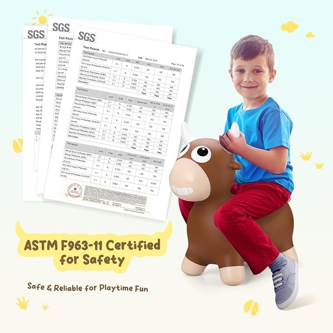 ZOOJOY Bouncy Animal Hopping Toys, Inflatable Brown Bouncy Hopper for Toddles, Outdoor Indoor Bouncing and Riding Bull Toys for Boys Girls, Birthday Gifts for 18 Months 2 3 4 5 6 Yrs w/Pump