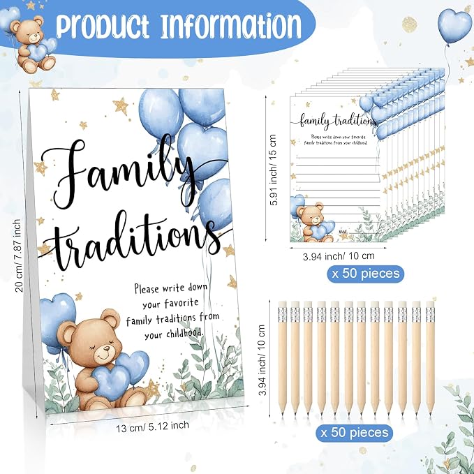 Fumete 61 Pieces Family Tradition Baby Shower Games Include 1 Family Traditions Standing Sign and 50 Activities Cards with 10 Pencils for Gender Reveal Bridal Shower Wedding(Blue,Bear)