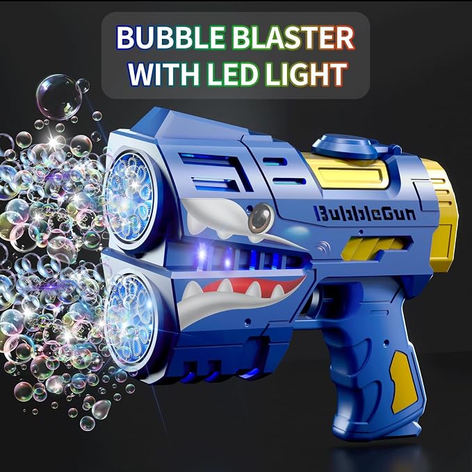 Rechargeable Blue Shark Bubble Guns for Kids, LED Light Up Bubble Machine Blower with Bubble Refill Solution for Kids, Bubble Makers Blaster for Toddlers, Summer WeddingToys Gift