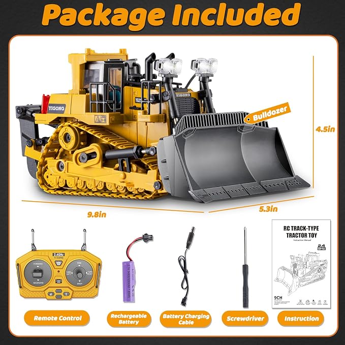 Samtop Rc Bulldozer Toys - Remote Control Bulldozer Construction Vehicles Trucks for Boys Kids Age 6 7 8-12 - Metal RC Electric Tractor Loader Toys with Light and Sound - 3-5 Birthday