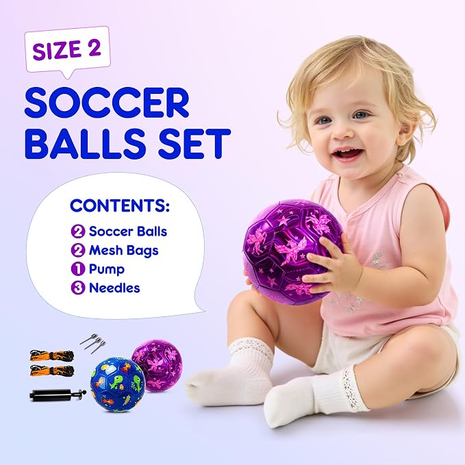 INPODAK Soccer Ball Size 3 Size 2 for Toddlers Kids 1-3 3-8, 1 or 2 Pack Cartoon Small Dinosaur Unicorn Soccer Ball Gifts for Girls Boys, Indoor Outdoor Sports Play Toys Birthday Gifts with Pump