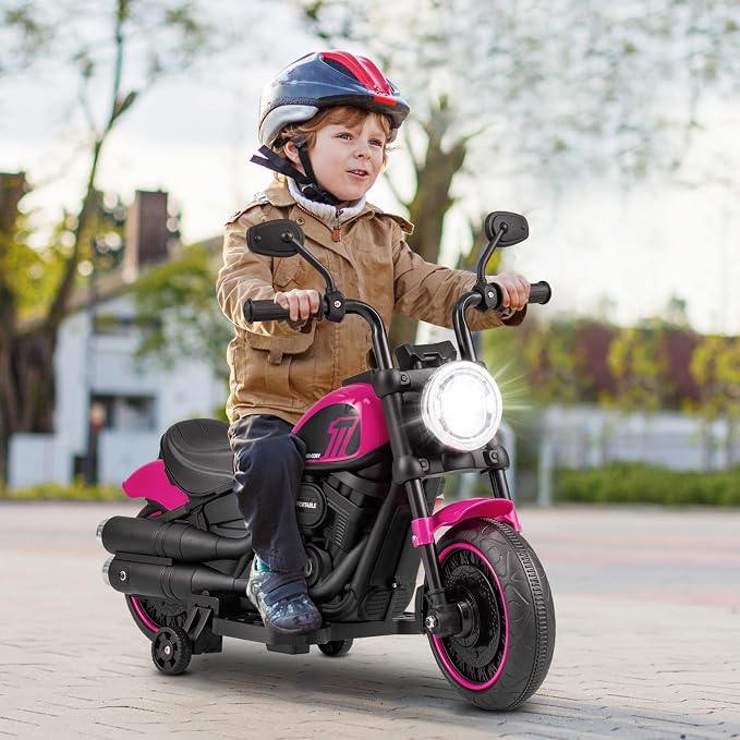 Costzon Toddler Motorcycle, 6V Battery Powered Electric Motorcycle with Detachable Training Wheels, Soft Start, Headlights & Music, Kids Motorcycle Ride on Toy for Toddlers Boys Girls 18+ Months(Pink)