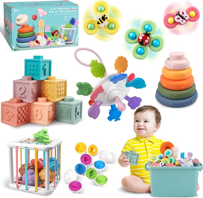 Plunack 6 in 1 Montessori Baby Toys for 6-12 Months — Stacking Blocks & Rings, Pull String, Suction Cup Spinner, Matching Eggs Shape Sorter & Sensory Bin, Infant Developmental Gift Set