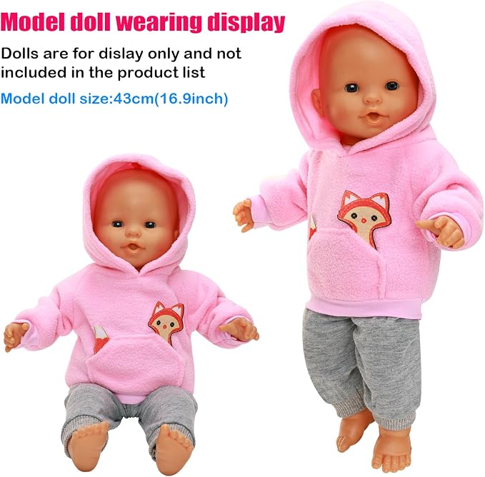 2 Pieces of Baby Doll Clothes for 14-16 Inch Born Baby Doll 1 Pink Hooded Sweatshirt with Grey Sweatpants Cute Outfit for 18 Inch Baby Dolls Clothing Set