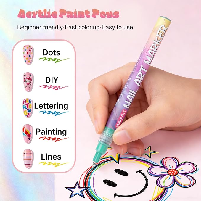 YOUKOYI Nail Art Pens, 12 Colors Precision Tip Nail Art Markers Set Easy to Use for Beginners, Vibrant Quick-Dry Paint for DIY Nail Design & Detailed Drawing - Professional Manicure Tools Kit