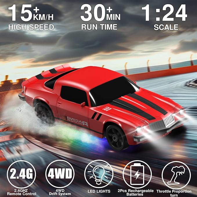 Remote Control Car RC Drift Car 2.4GHz 1:24 4WD 15KM/H High Speed Racing Sport Car with LED Lights Drifting Tire Racing Sport Toy for Adults Boys Girls Kids Gift 2Pcs Rechargeable Batteries
