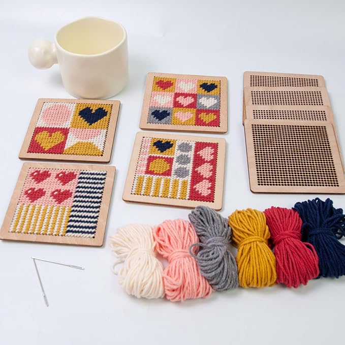 Yushen 4Pcs Heart Coaster Needlepoint Kit for Adult Cross Stitch Kits DIY Adults Needlepoint Embroidery Starter Set with Patterns Embroidery Needles Threads Crafts (Love)