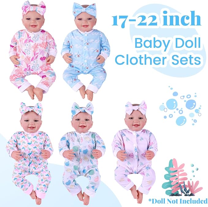 BABESIDE 5 Sets of Reborn Baby Doll Clothes with Doll Headband for 17-22 Inch Dolls, Realistic Baby Doll Clothes and Accessories Set with Various Cute Patterns for Real Life Baby Dolls