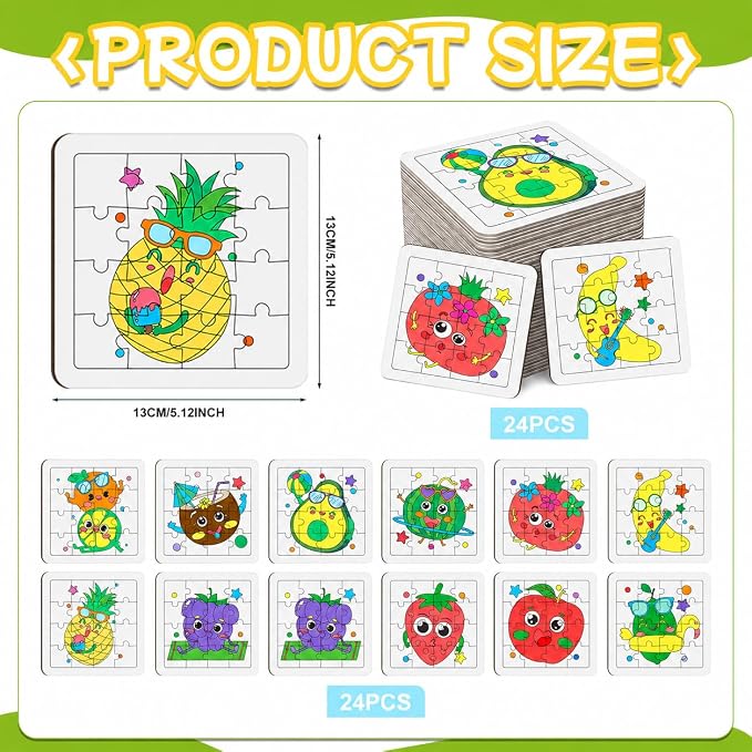 Cinrobiye 24 Pcs Fruit Coloring Puzzle Craft Kit for Kids, DIY Tropical Fruit Jigsaw Puzzles Bulk with 12 Designs, Summer Arts and Crafts for Tutti Frutti Party Favors, Classroom Rewards