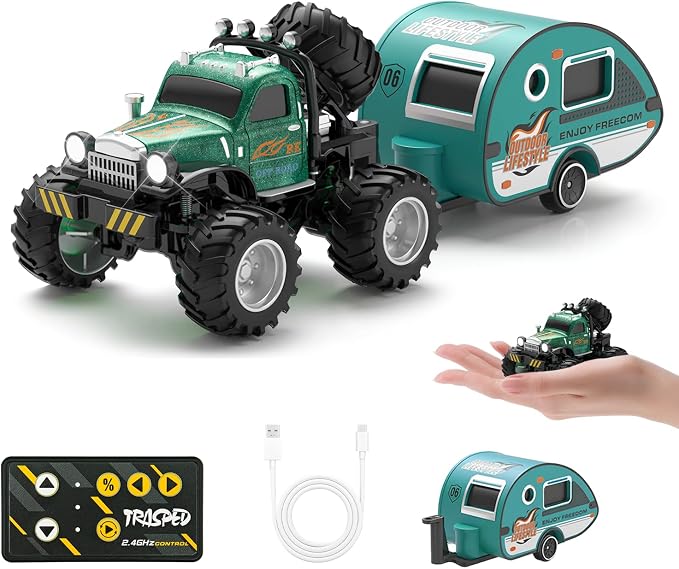 Snugzy Kids Mini RC Car 1:64 Scale RC Truck with Trailer 2.4Ghz Remote Control Rechargeable RC Cars Toy Gifts for Boys Girls (Green)