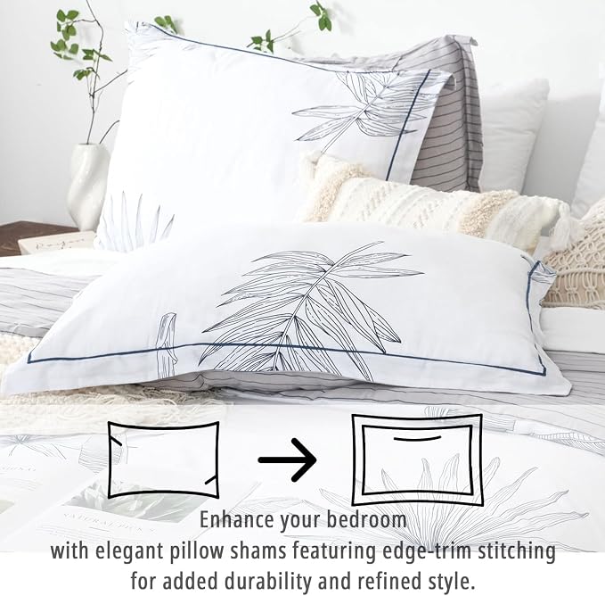 LEMIROE Botanical Cotton Comforter King Size - White Comforter with Delicate Black Leaves Patterns,Grey Reversible Lightweight Bedding Sets 3Pcs(Stripes)