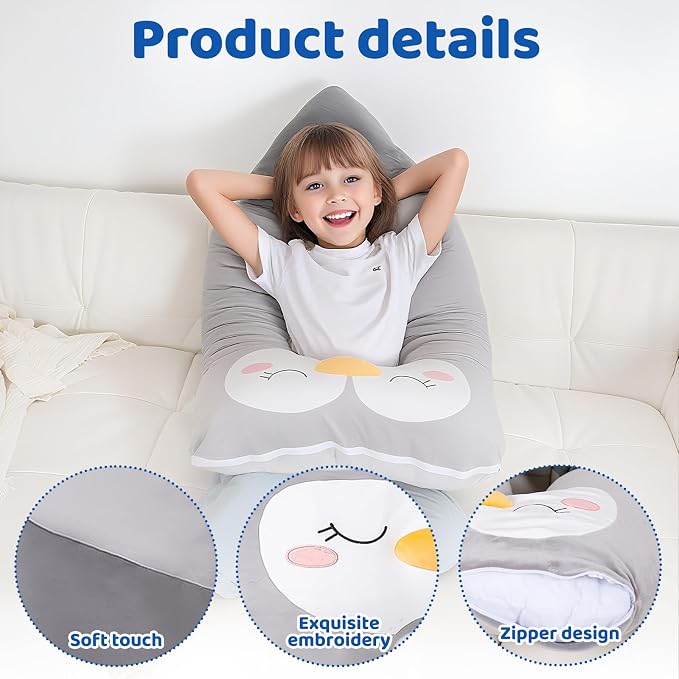 47x23 inch U Shaped Long Plush Body Pillows for Kids, Stuffed Animal Penguin Soft Large Pillow for Sleeping, Big Cute Plushies, Washable Cover, Gift for Boys and Girls