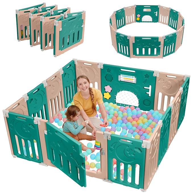 Dripex Baby Playpen, 14-Panel Foldable Playard for Toddlers 6-36 Months, Adjustable & Portable Indoor Outdoor Safety Play Area with Anti-Pinch Design, Game Panel and Safety Gate, Green Brown
